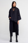 Antrasit Melanj Kimono Coat with Leather Trim and Pockets-K237017018