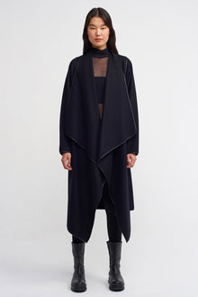  Black Wool Coat with Leather Trim-K237017028
