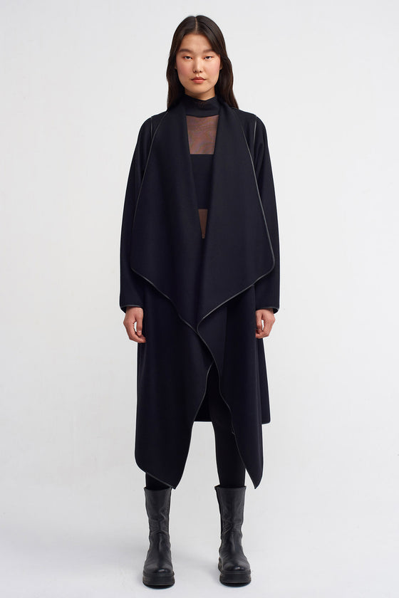 Black Wool Coat with Leather Trim-K237017028