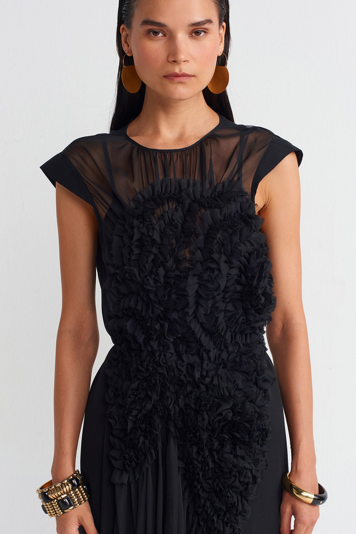 Black Rose Appliqué Organza Dress-K244014060