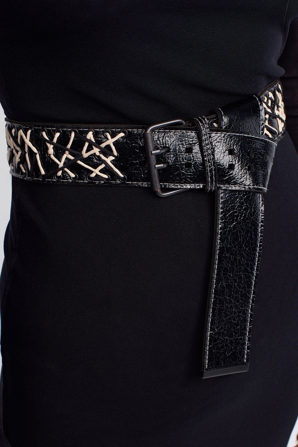 Black Hand-Stitched Leather Belt-K248018007