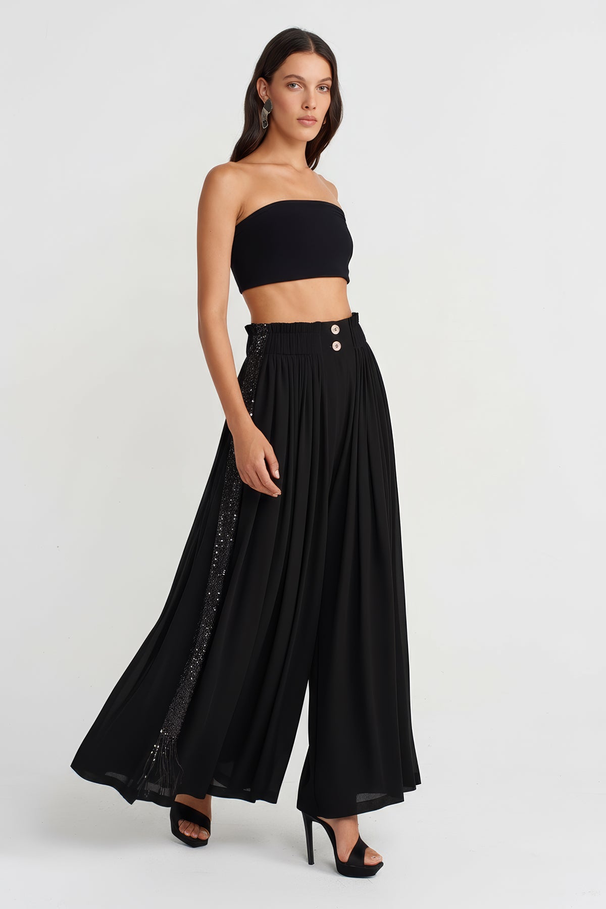 Black Wide-Leg Pants with Sequin Embroidery on Sides-K253013050
