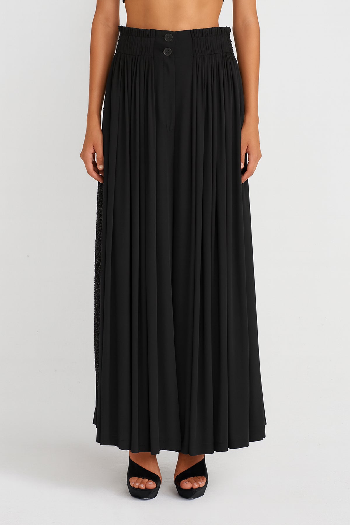Black Wide-Leg Pants with Sequin Embroidery on Sides-K253013050