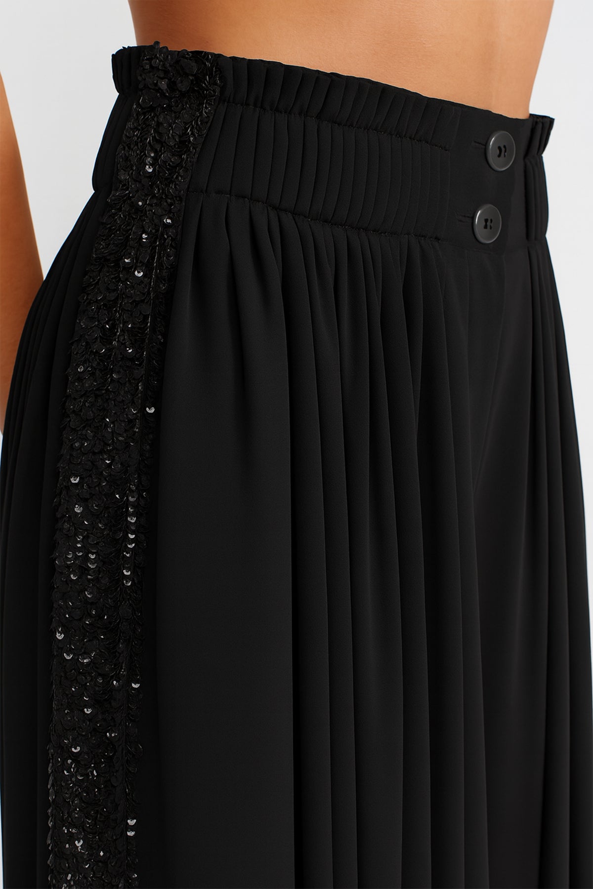 Black Wide-Leg Pants with Sequin Embroidery on Sides-K253013050