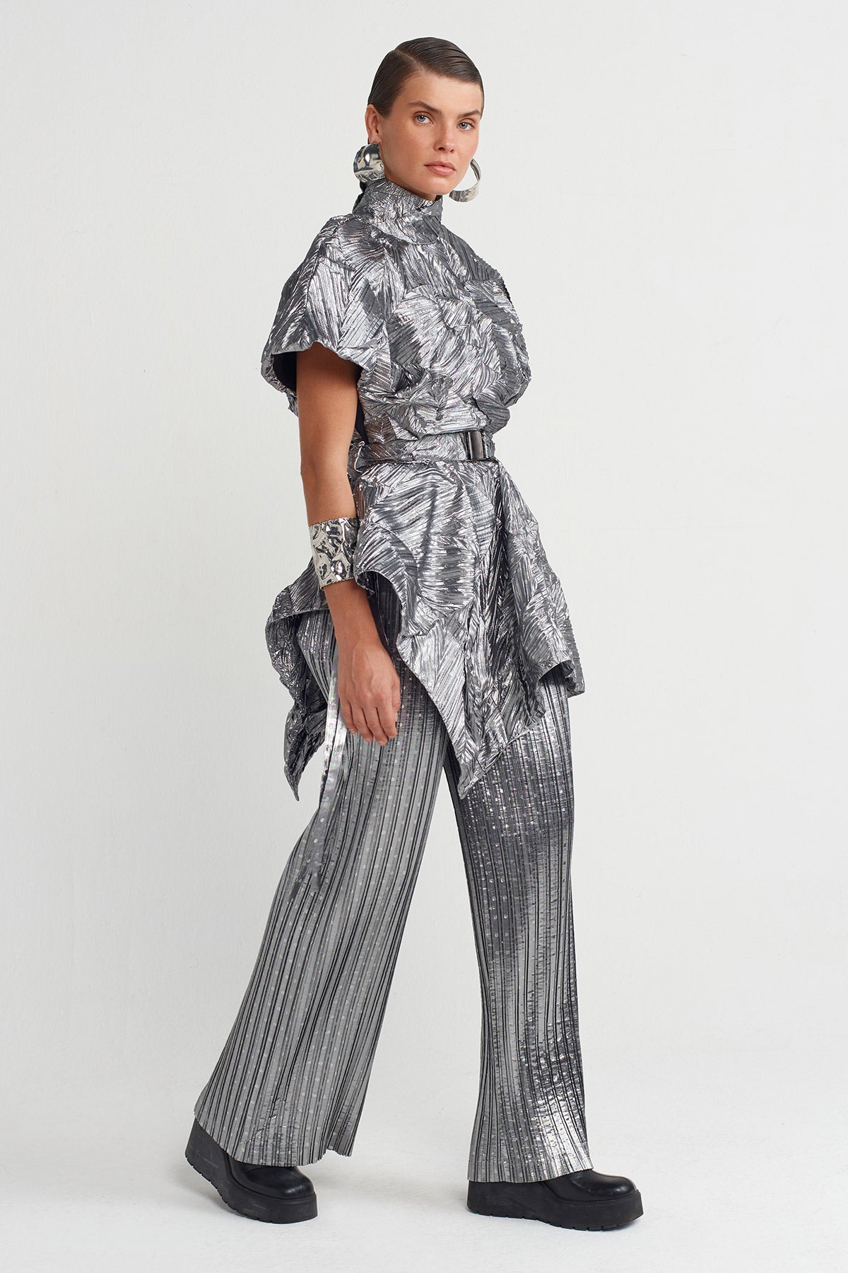 Silver Belted Pleated Elegant Blouse-K251011012