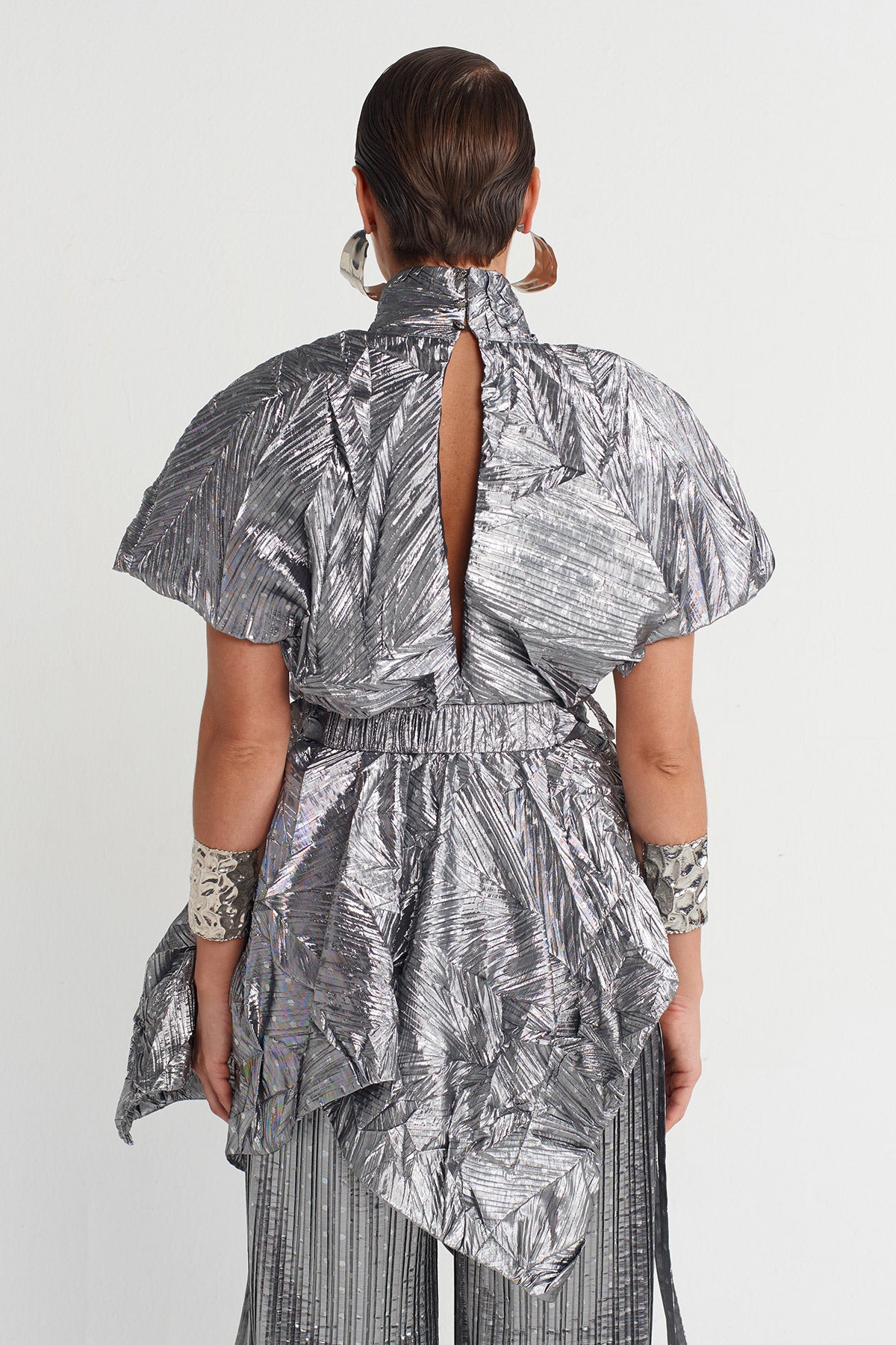 Silver Belted Pleated Elegant Blouse-K251011012