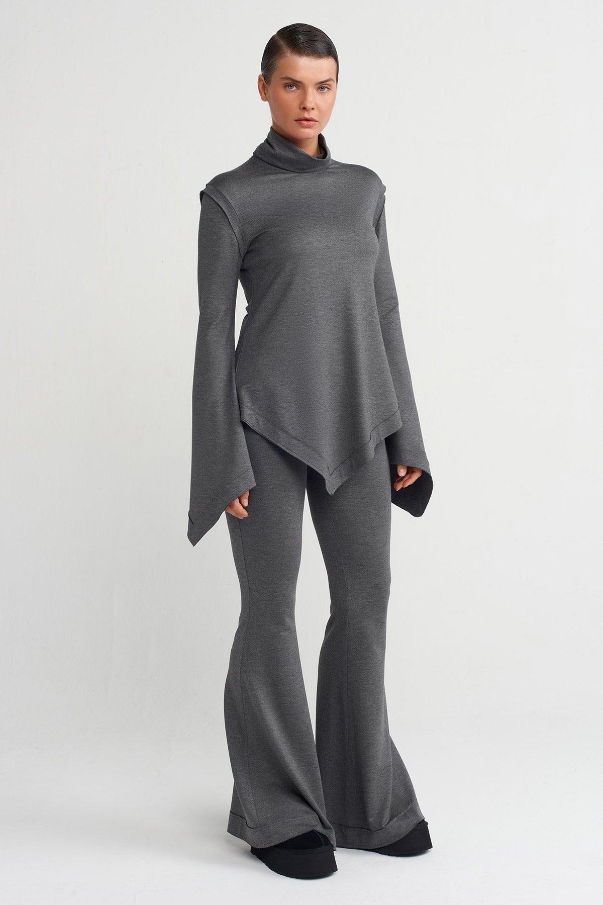 Darkgrey Melanj Asymmetrical Cut Long Sleeve Blouse-K251011015