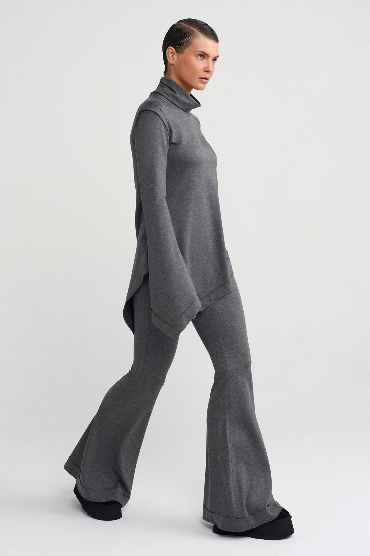 Darkgrey Melanj Asymmetrical Cut Long Sleeve Blouse-K251011015