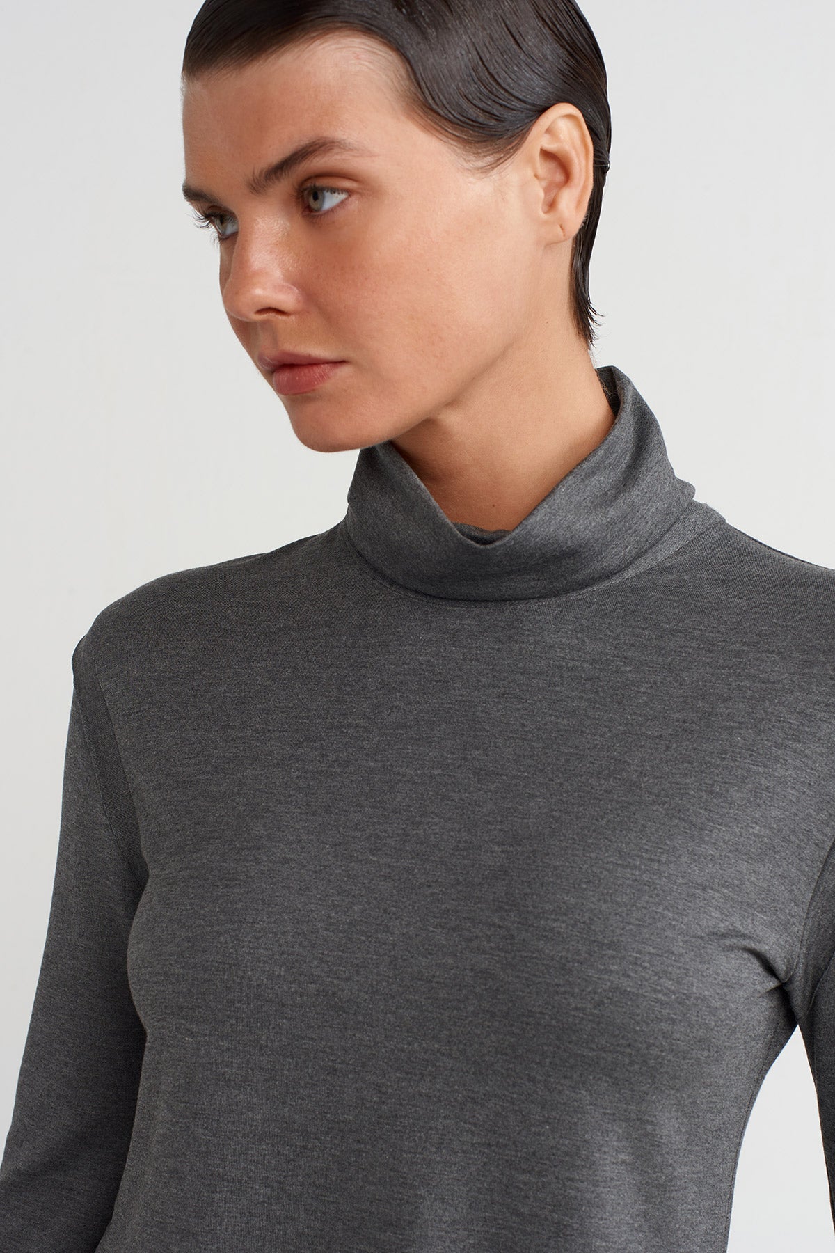 Darkgrey Melanj Asymmetrical Cut Long Sleeve Blouse-K251011015