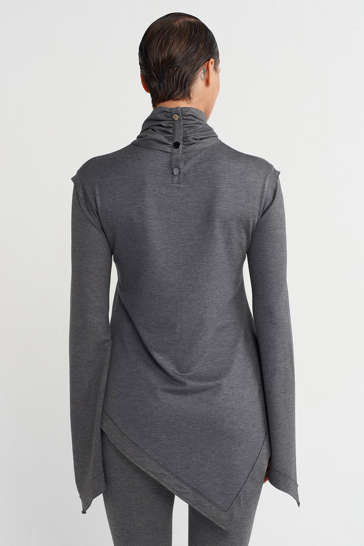 Darkgrey Melanj Asymmetrical Cut Long Sleeve Blouse-K251011015