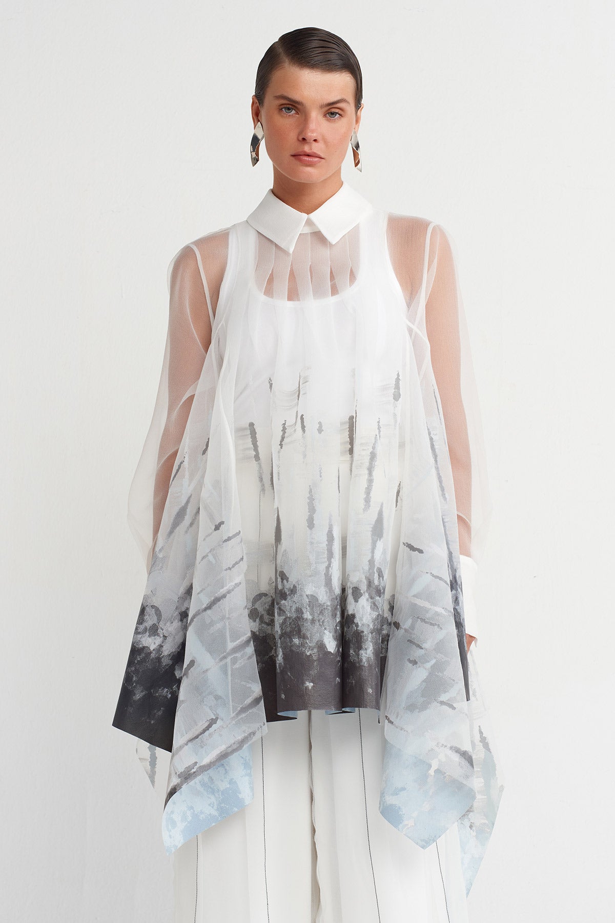 Off White Printed Organza Shirt-K251011016