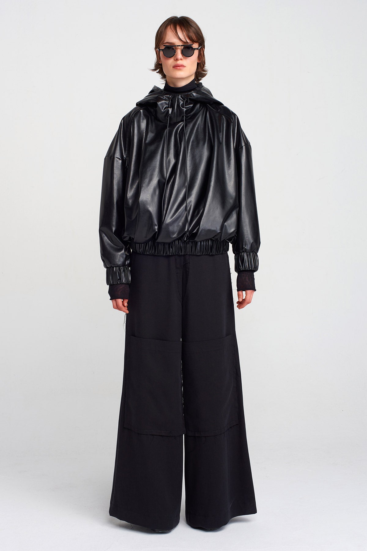 Black Vegan Leather Sweatshirt-K251011034