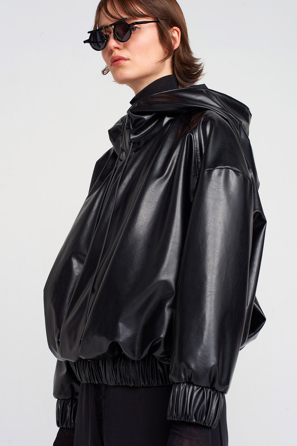 Black Vegan Leather Sweatshirt-K251011034