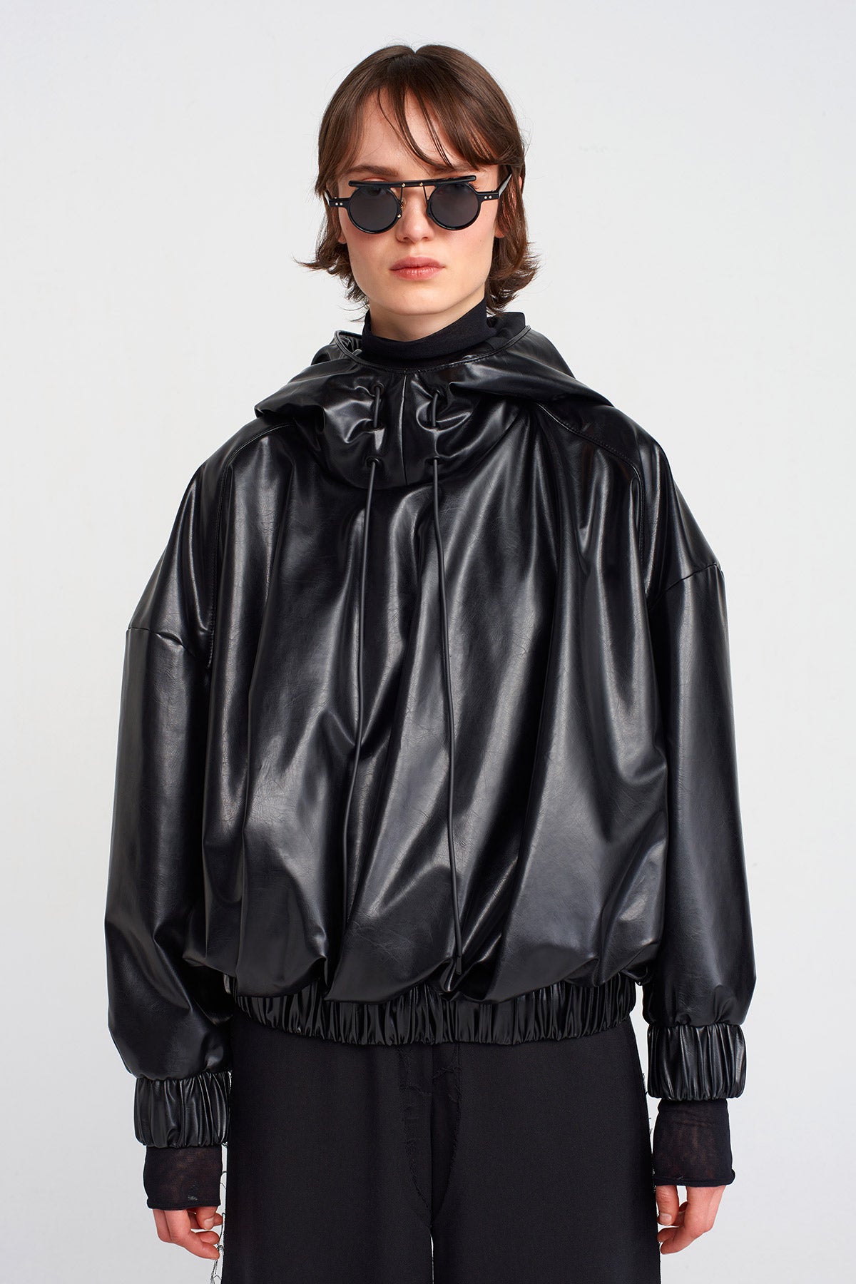 Black Vegan Leather Sweatshirt-K251011034