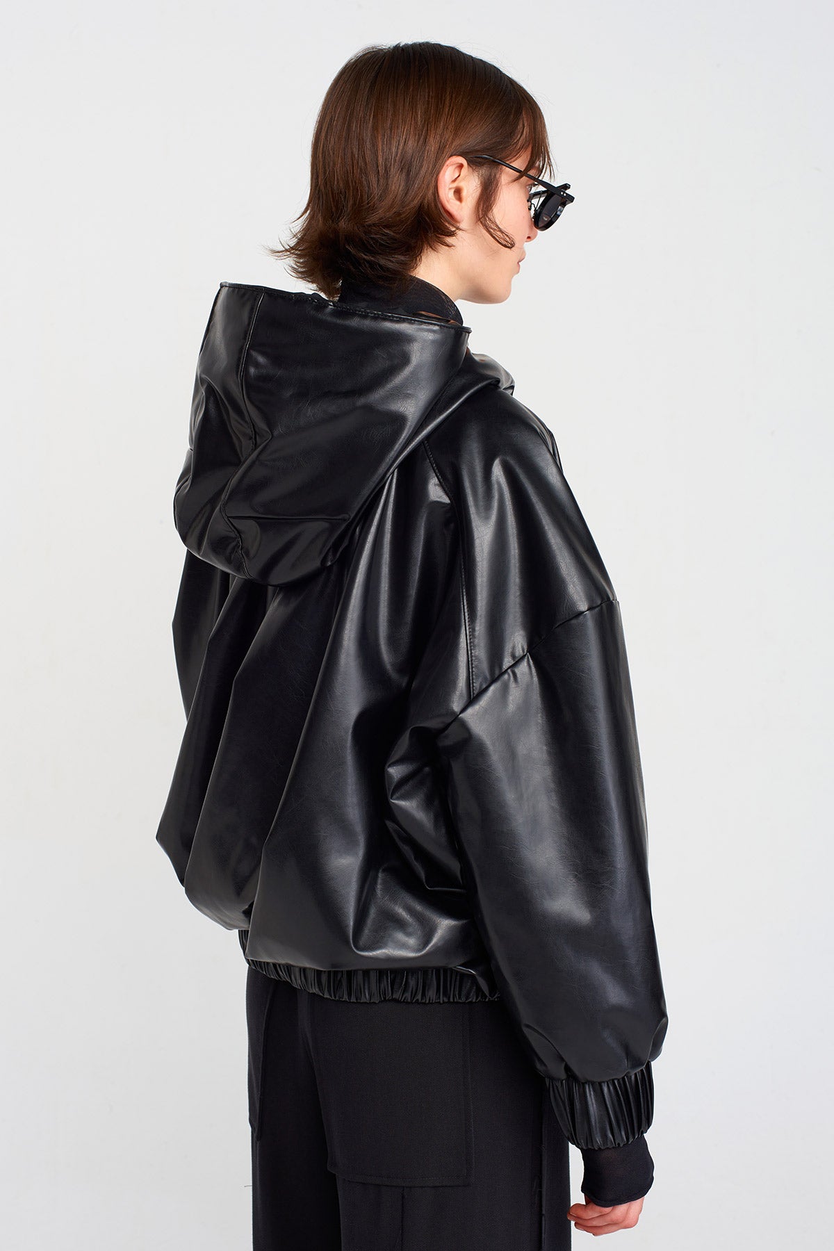 Black Vegan Leather Sweatshirt-K251011034