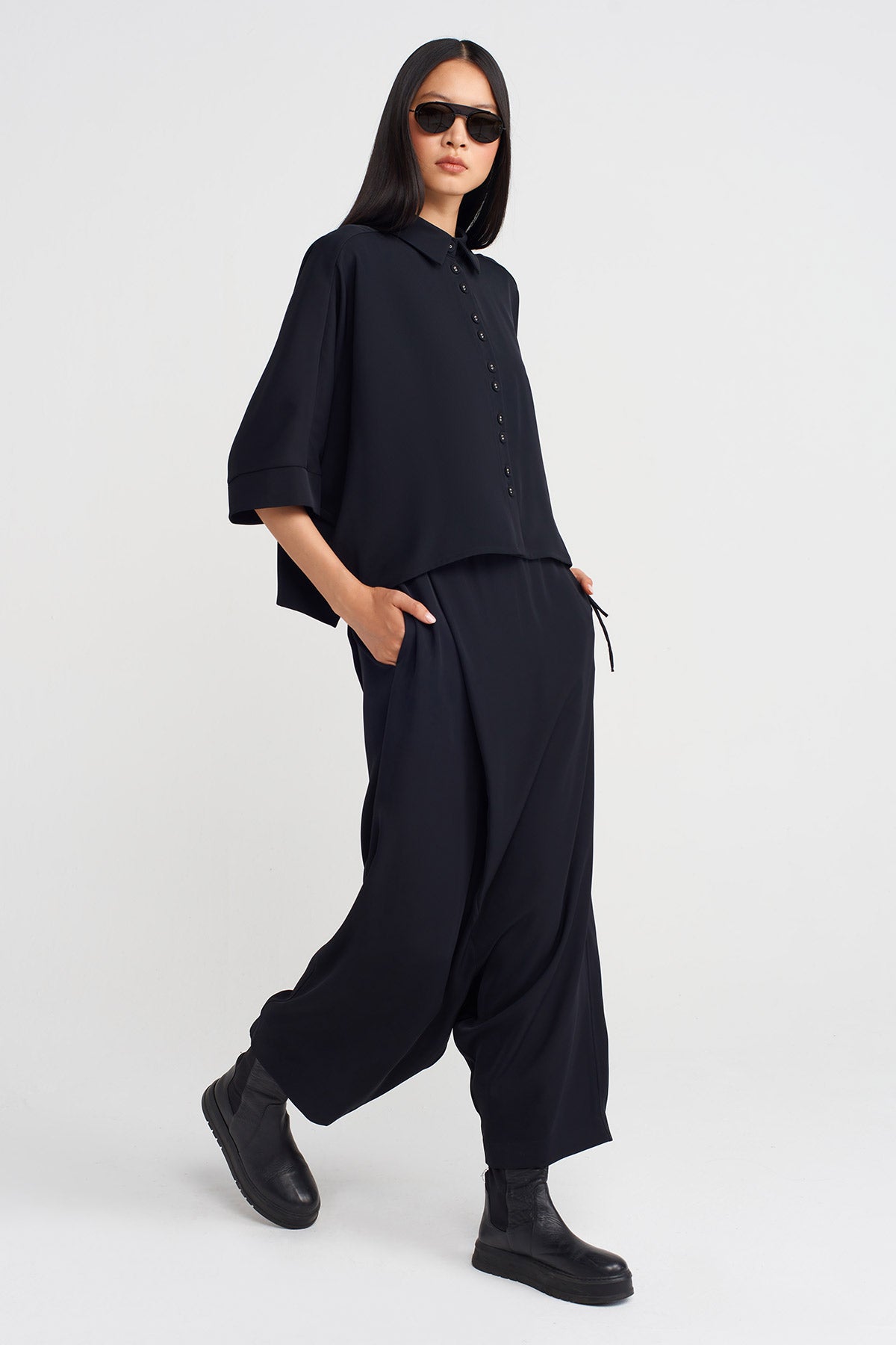 Black Draped Fabric, Half Sleeve Shirt-K251011046