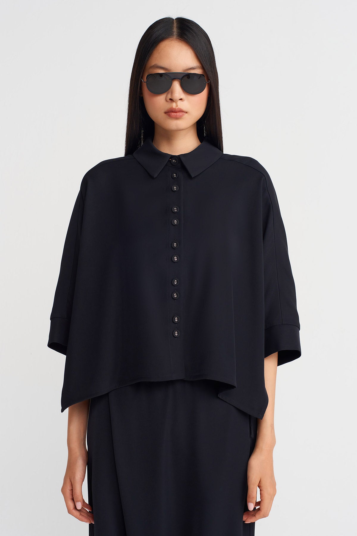 Black Draped Fabric, Half Sleeve Shirt-K251011046