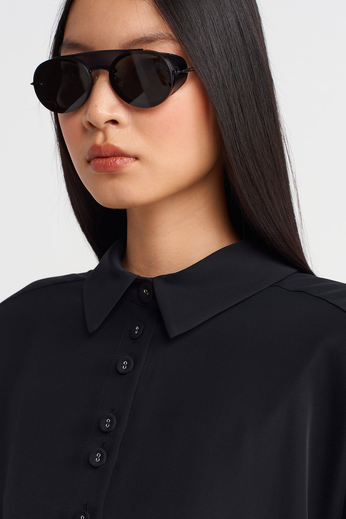 Black Draped Fabric, Half Sleeve Shirt-K251011046