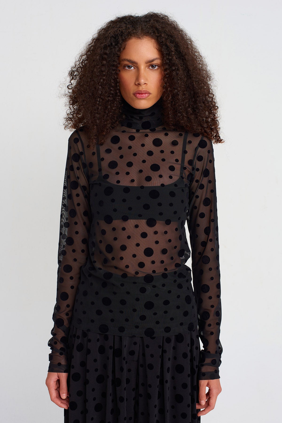 Black Velvet Polka-Dot Tulle Blouse-K251011050