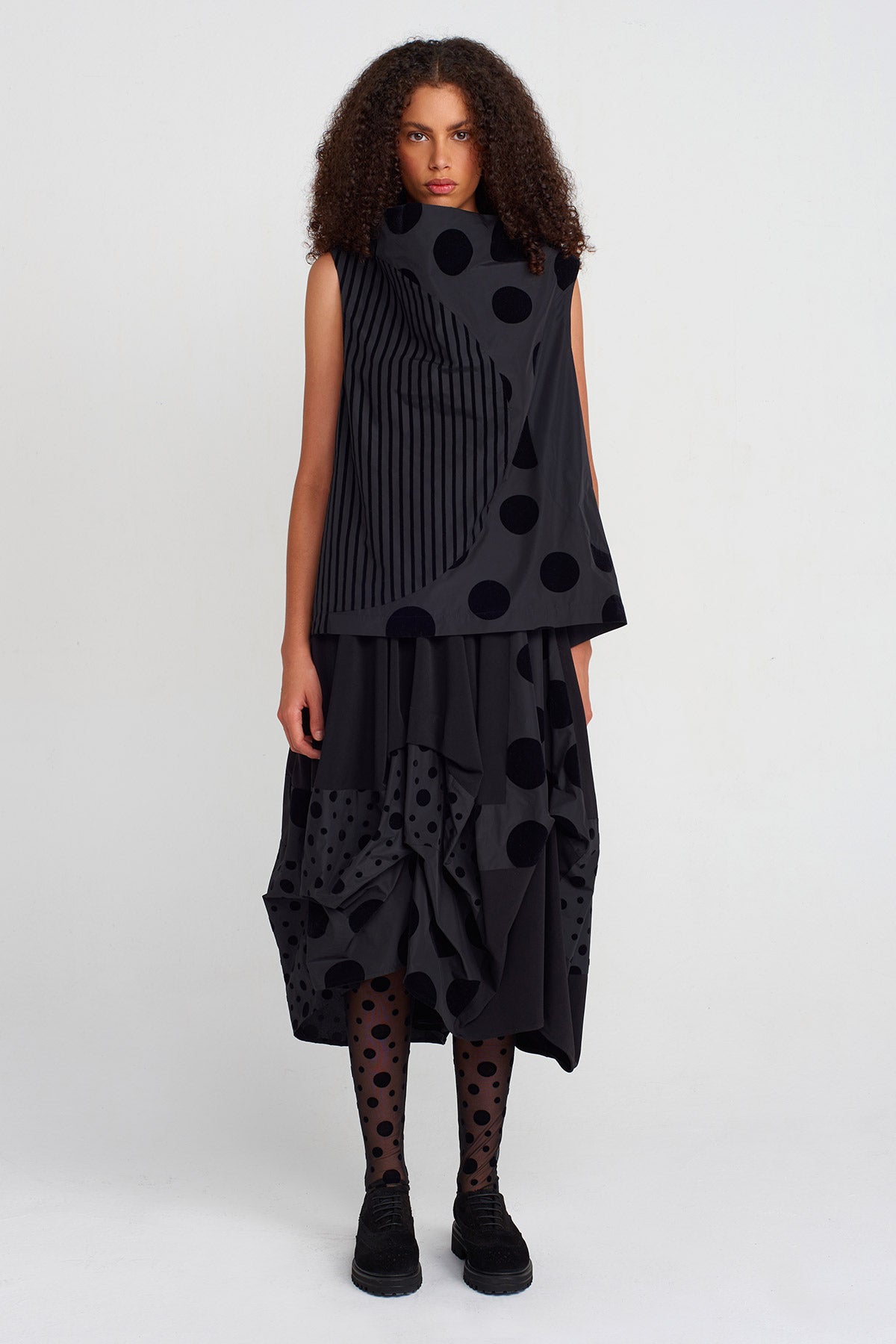 Multicolor Velvet Polka-Dot and Stripe Taffeta Blouse-K251011052