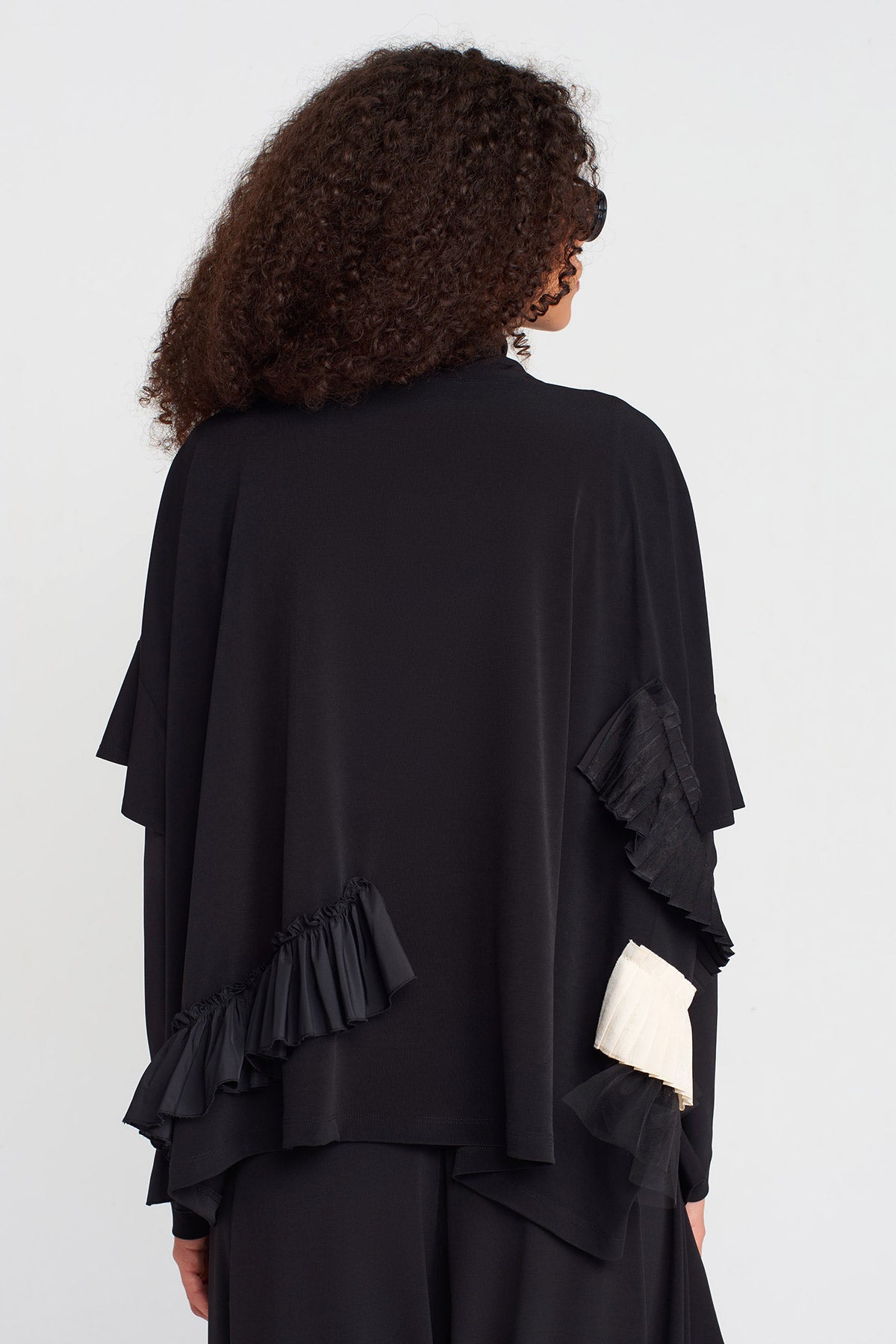 Black Ruffle Detail Jersey T-Shirt-K251011054