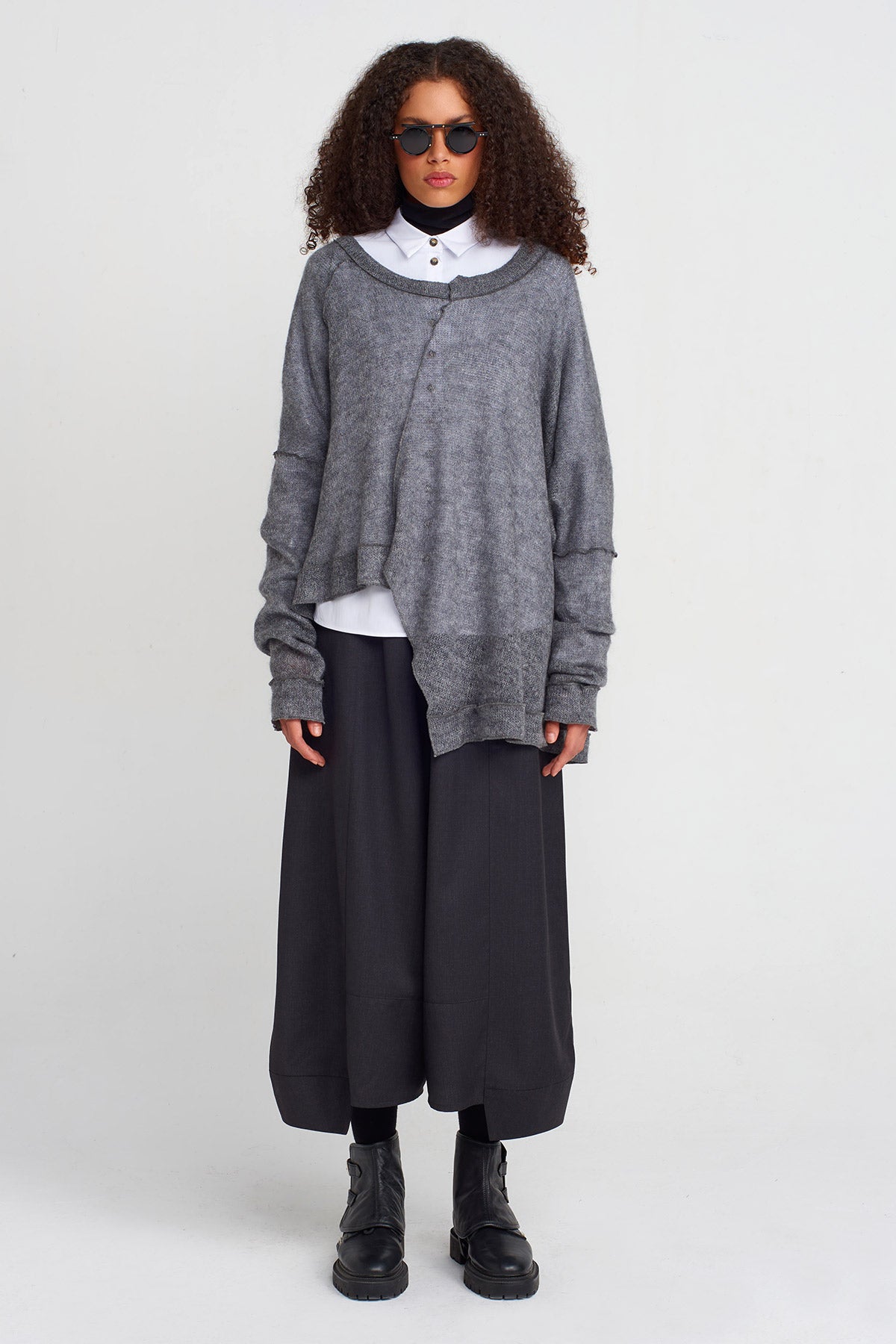 Grey Melange Asymmetric Thin Knit Sweater-K251011059