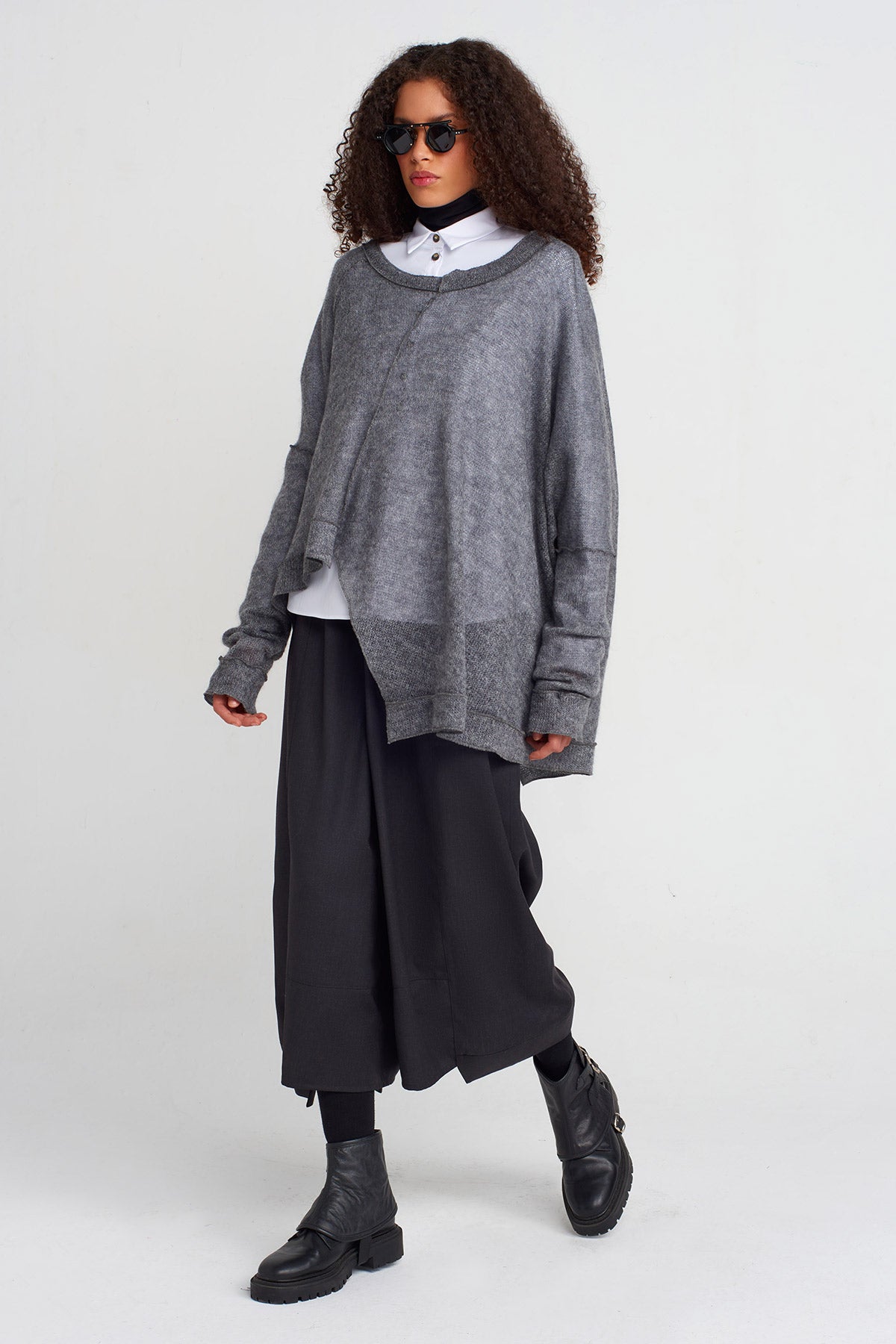 Grey Melange Asymmetric Thin Knit Sweater-K251011059