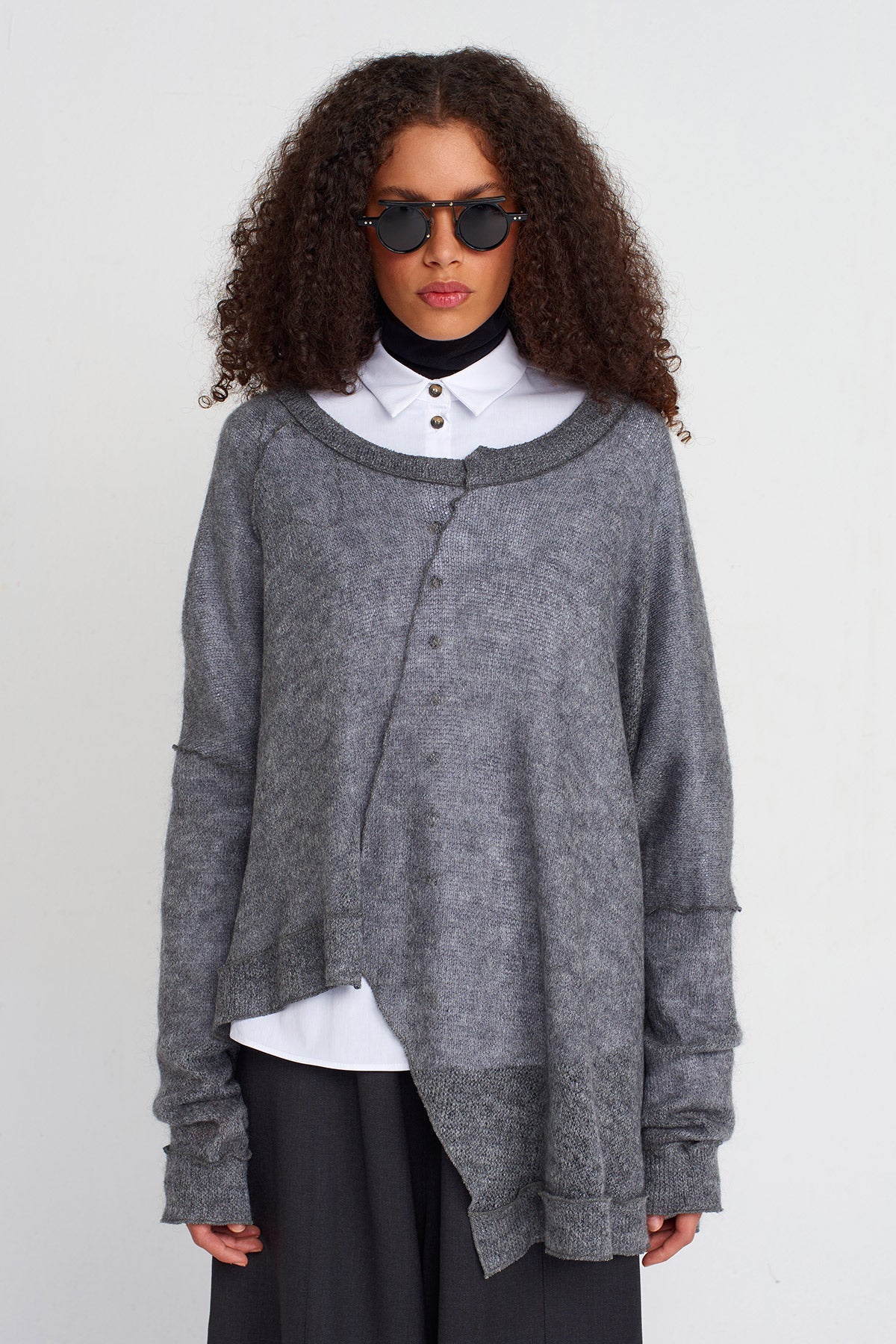 Grey Melange Asymmetric Thin Knit Sweater-K251011059