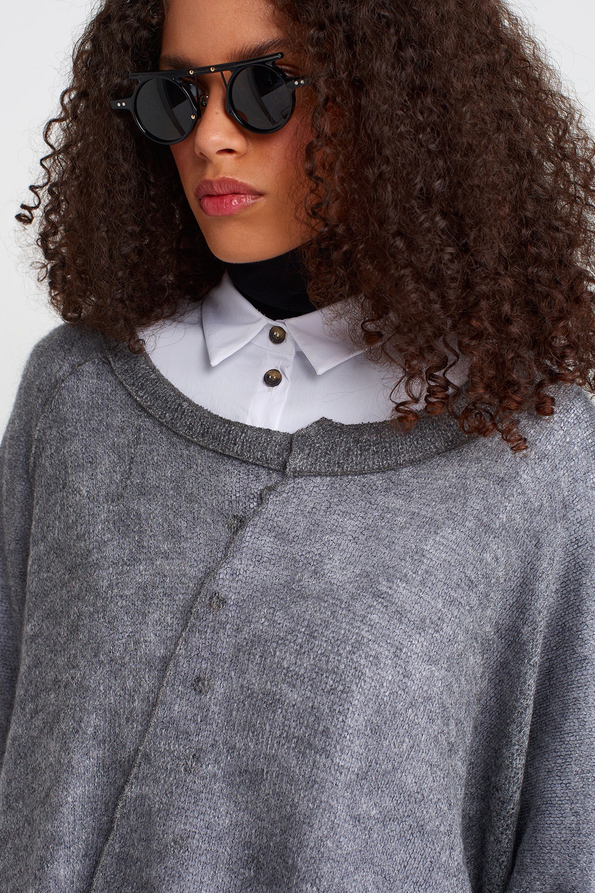 Grey Melange Asymmetric Thin Knit Sweater-K251011059