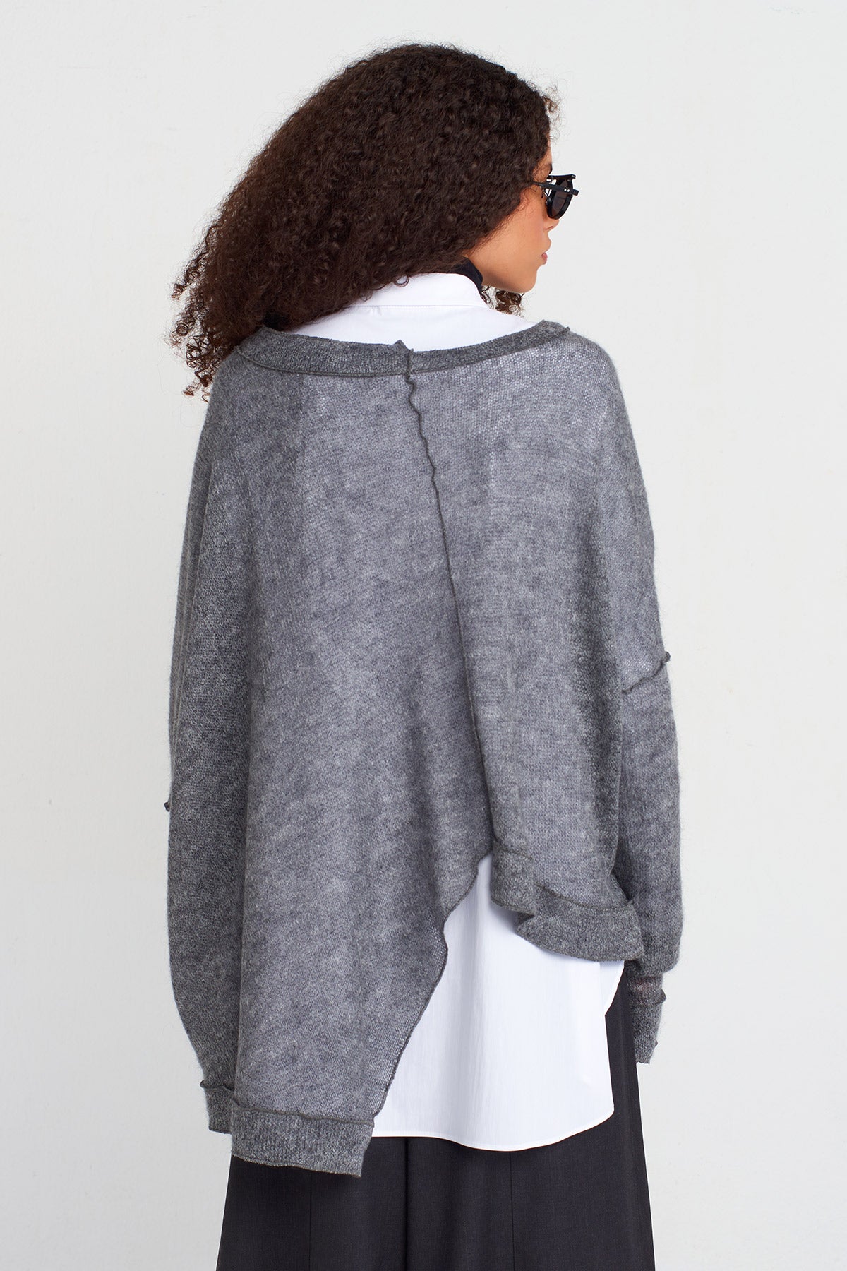 Grey Melange Asymmetric Thin Knit Sweater-K251011059