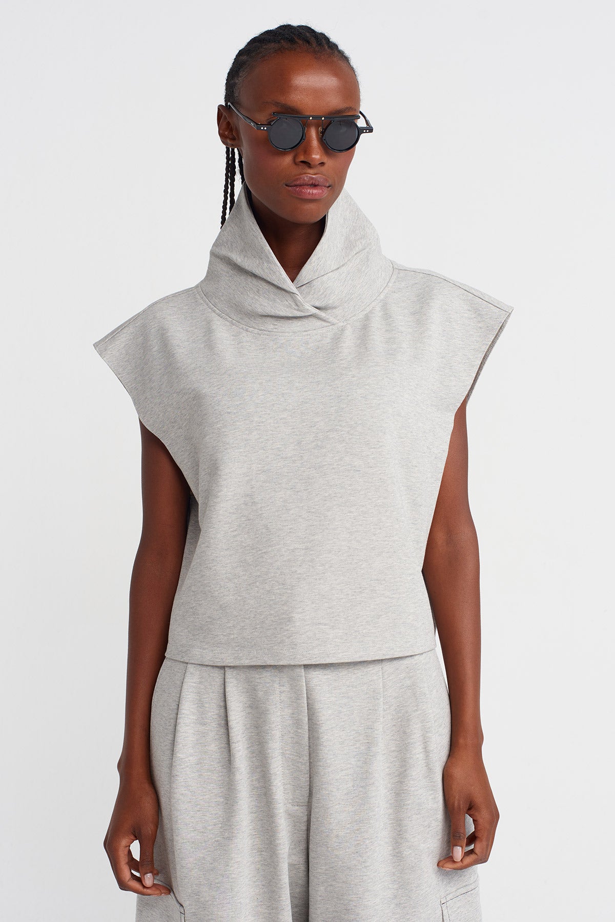 Light Grey Melange Sleeveless High Neck Heavyweight T-shirt-K251011065