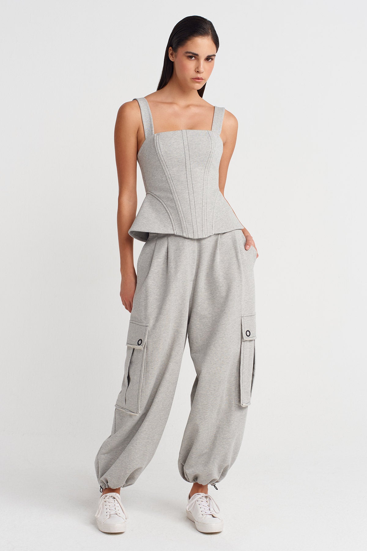 Light Grey Melange Thick-Strap Corset Top-K251011066