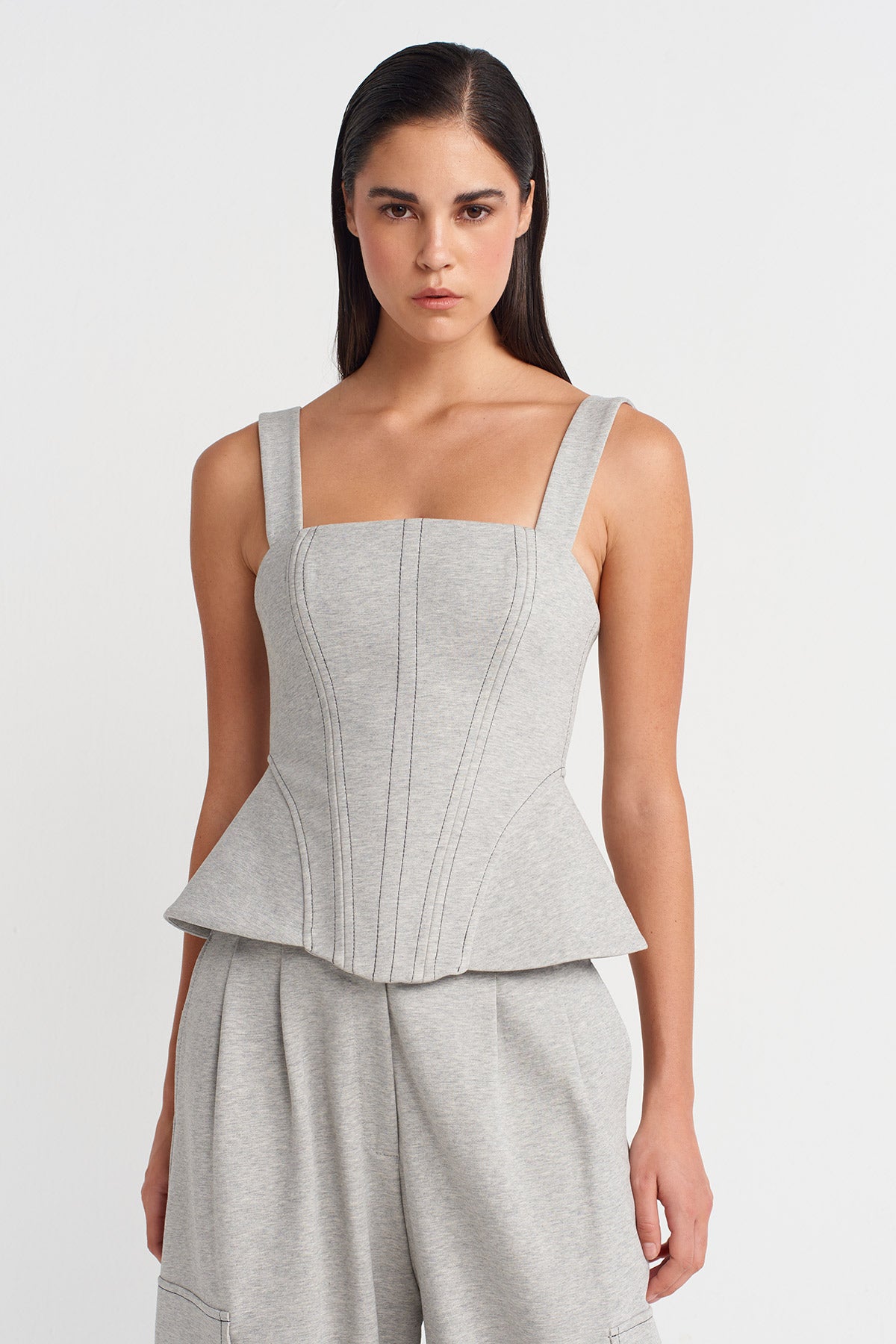 Light Grey Melange Thick-Strap Corset Top-K251011066