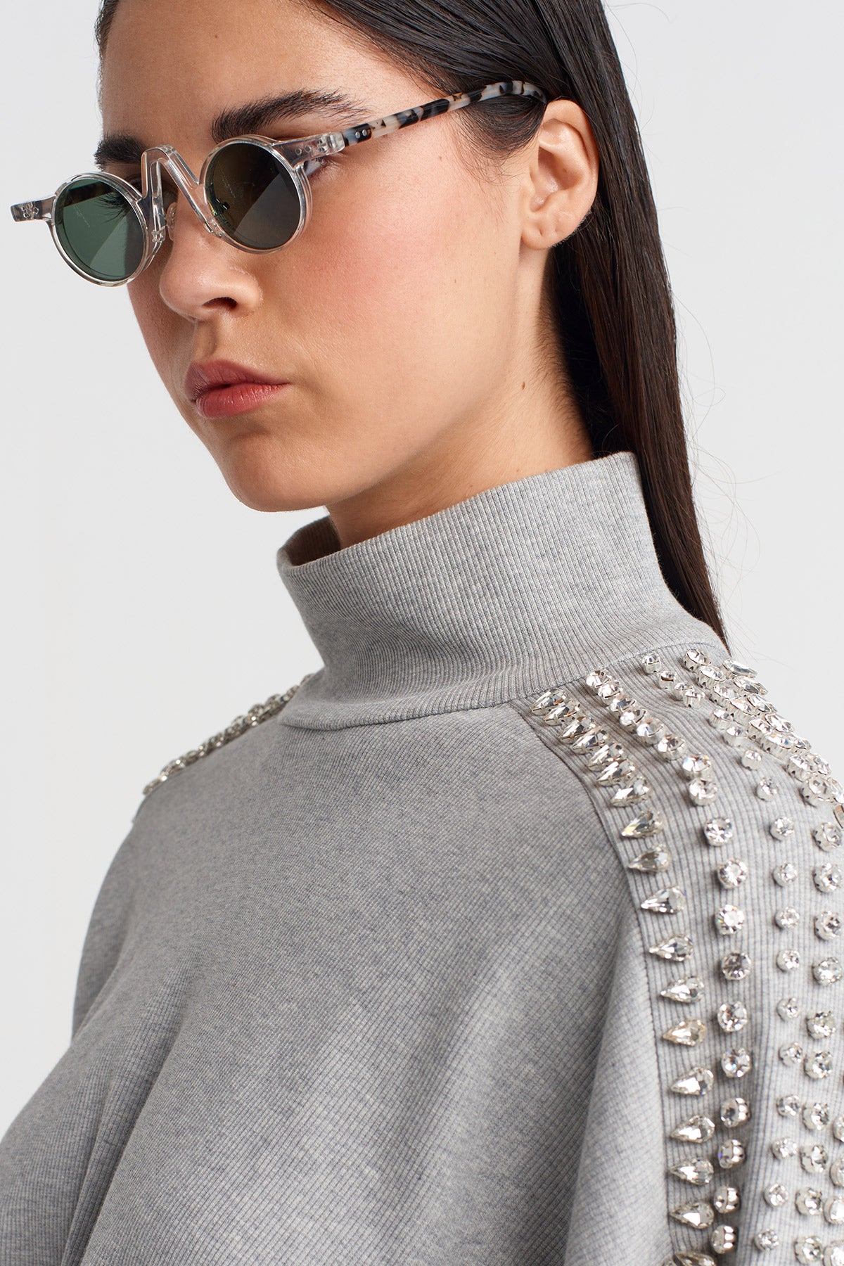 Light Grey Melange Ribbed Sweater with Embellished Shoulders-K251011067