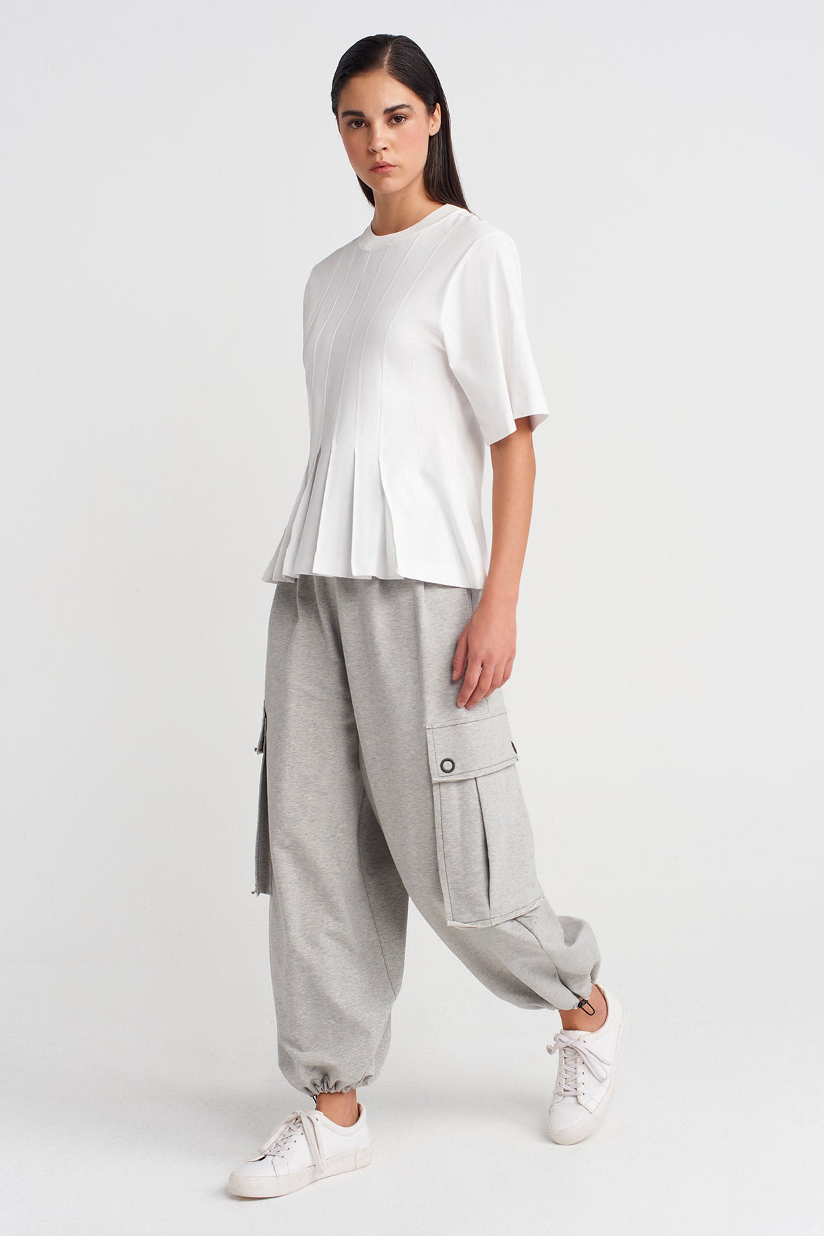 Off White Pleated Waist Basic T-shirt-K251011069