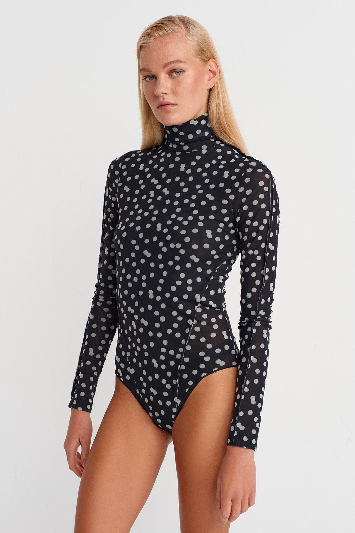 Black/White Polka Dot Mesh Bodysuit-K251011075