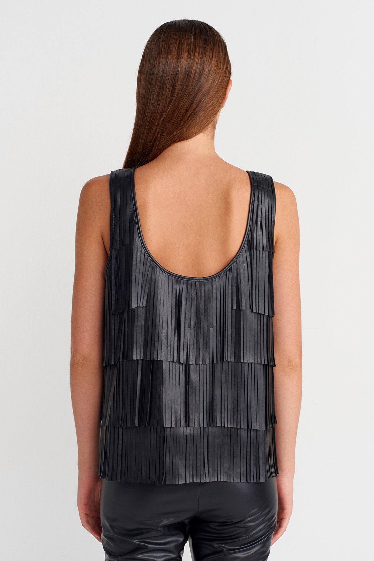 Black Vegan Leather Fringe Blouse-K251011080