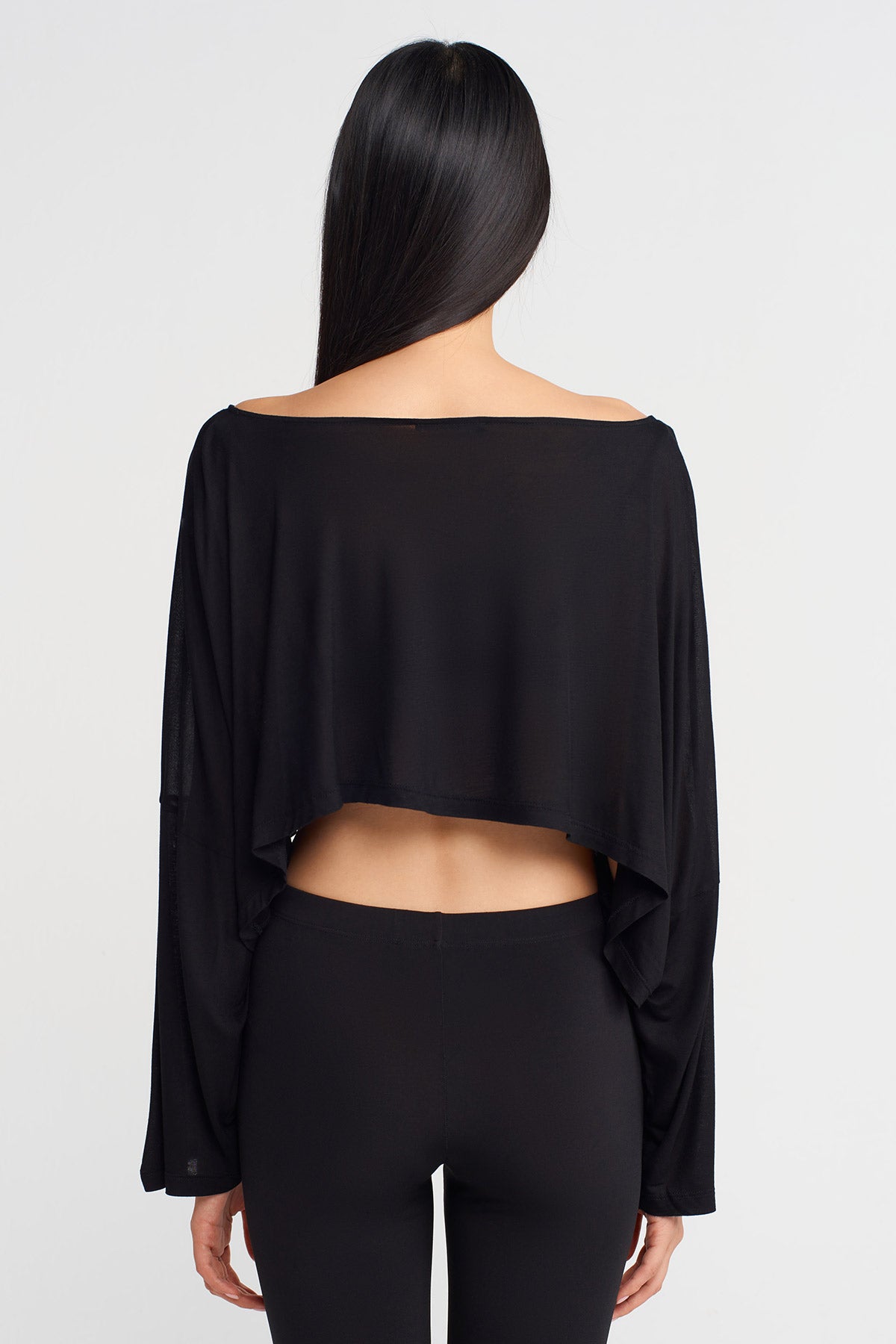 Black Long Sleeve Bamboo Crop Blouse-K251011083