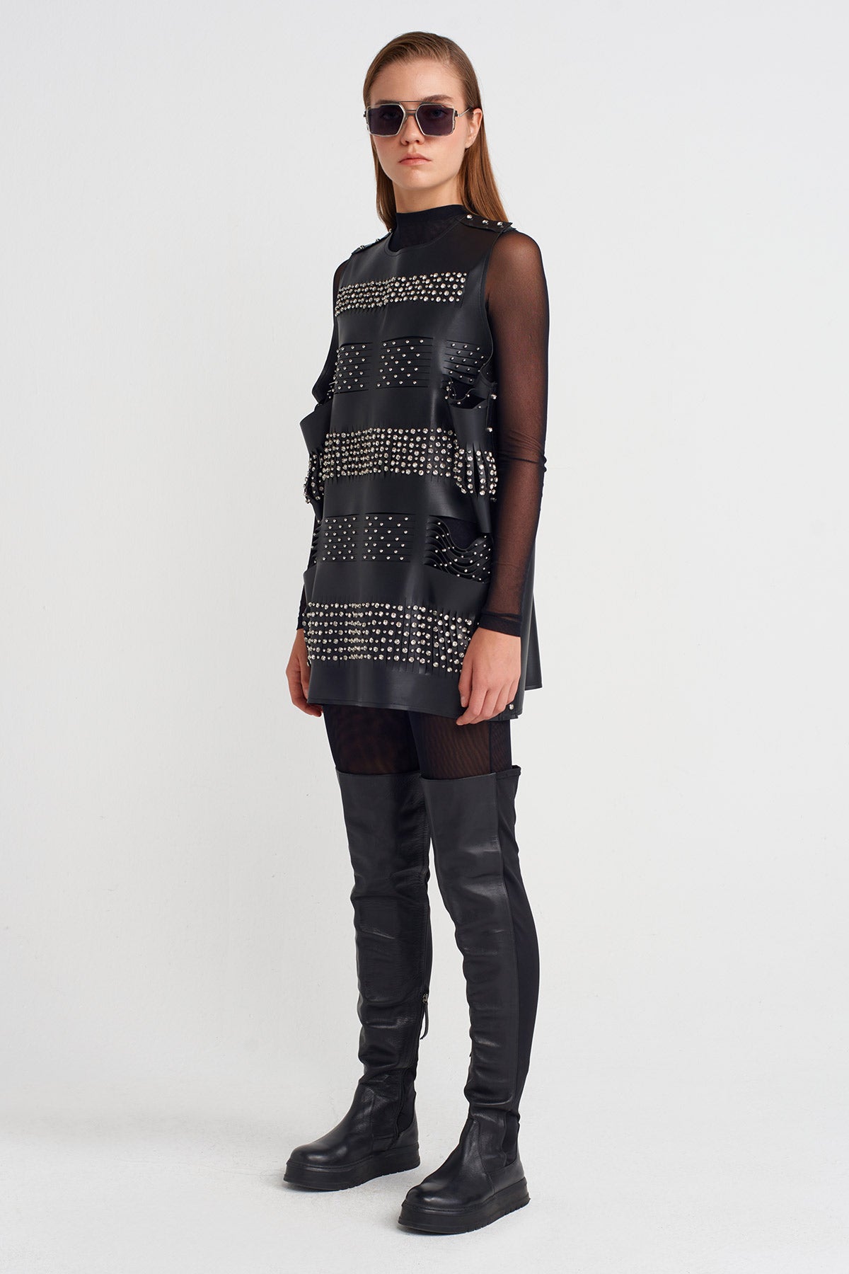 Black Studded Leather Tunic-K251011089