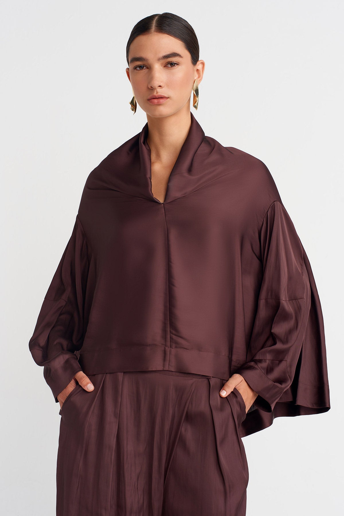 Dark Purple Dropped Shoulder V-Neck Blouse-K251011096