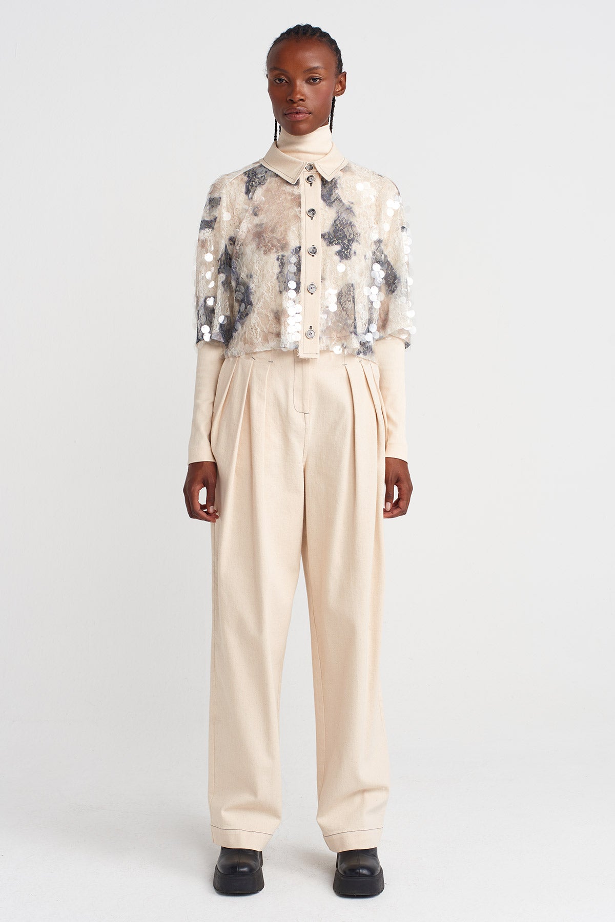 Sequin-Embroidered Guipure Crop Shirt-K251011101