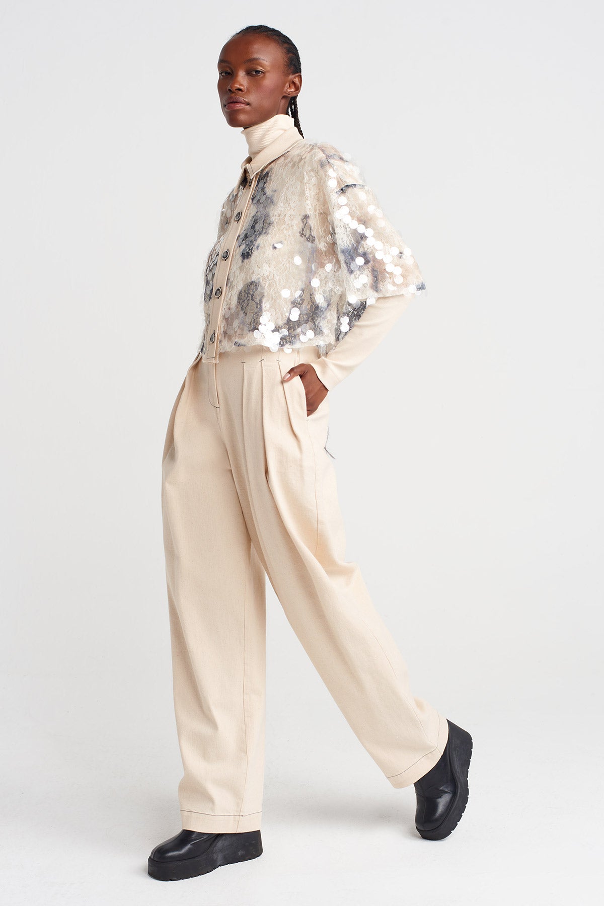 Sequin-Embroidered Guipure Crop Shirt-K251011101