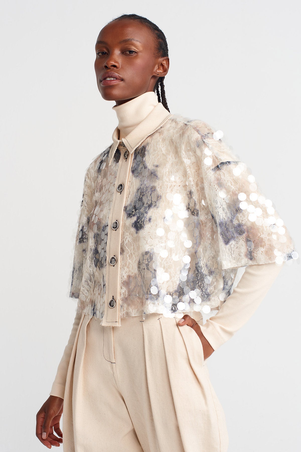 Sequin-Embroidered Guipure Crop Shirt-K251011101