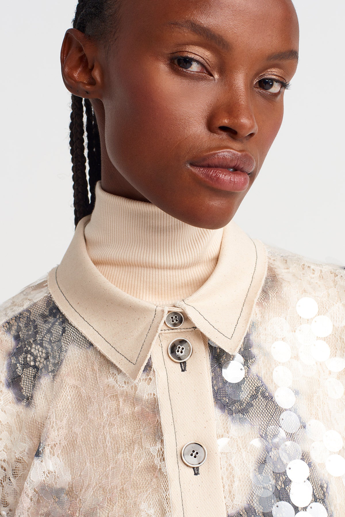 Sequin-Embroidered Guipure Crop Shirt-K251011101