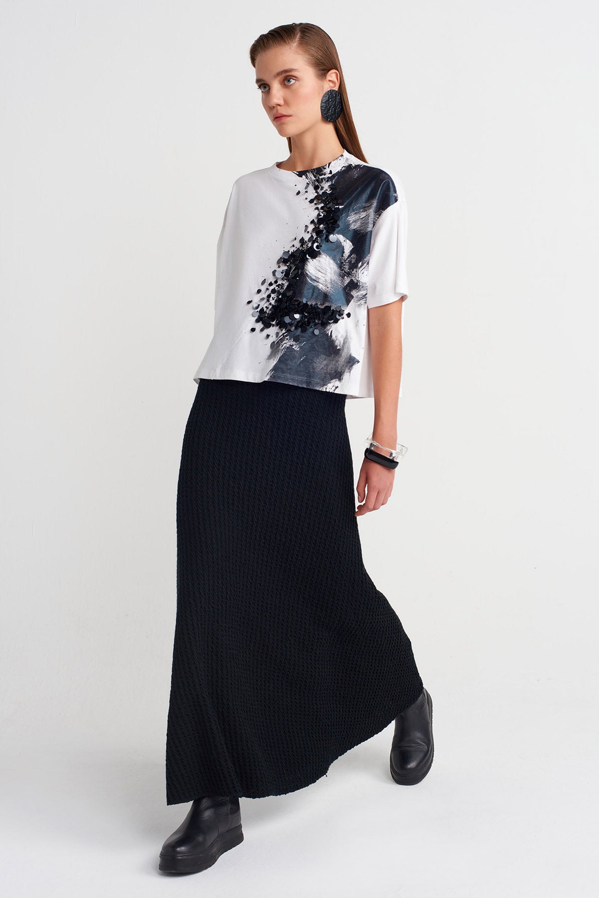 White / Black Printed Basic T-shirt-K251011106