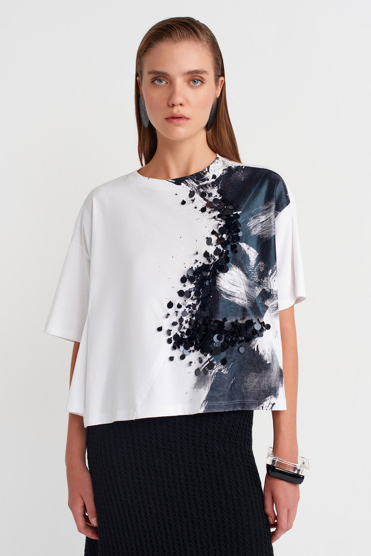 White / Black Printed Basic T-shirt-K251011106