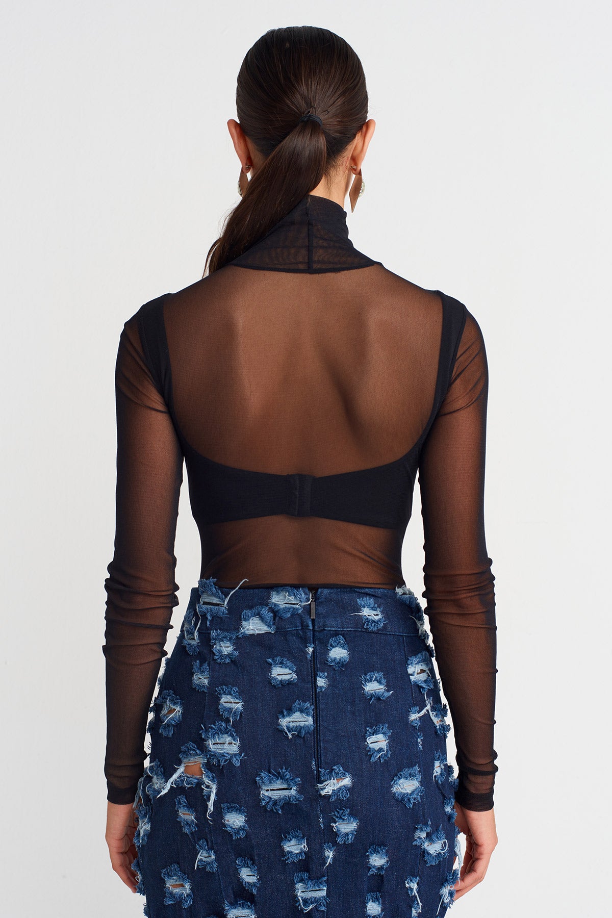 Black Sheer Bodysuit with Inner Bustier -K251011110
