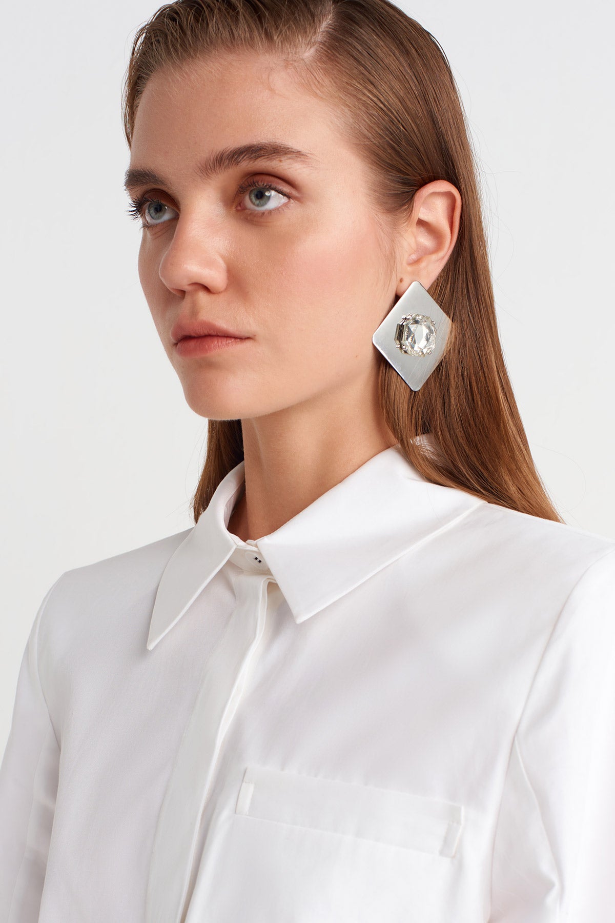 Off White Cropped Shirt with Buttoned Sleeves and Pocket Detail-K251011111