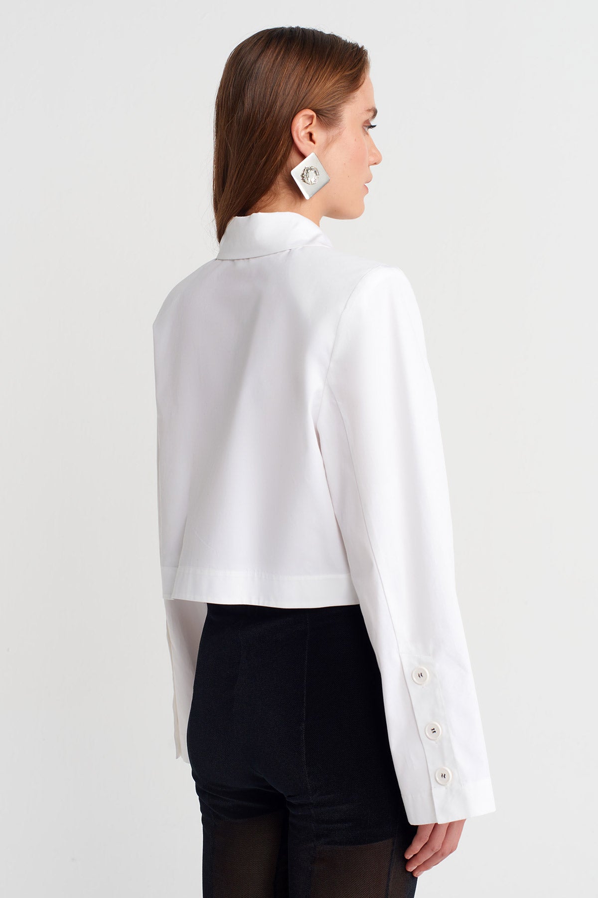 Off White Cropped Shirt with Buttoned Sleeves and Pocket Detail-K251011111