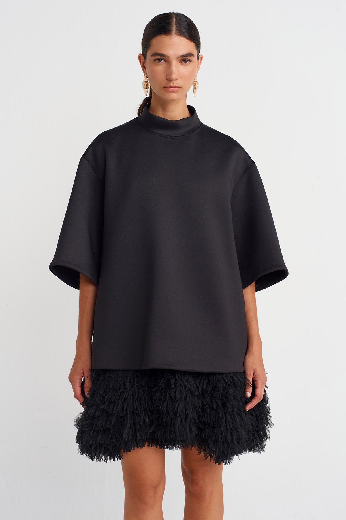 Black Black Scuba Fabric Mock Neck Top-K251011112